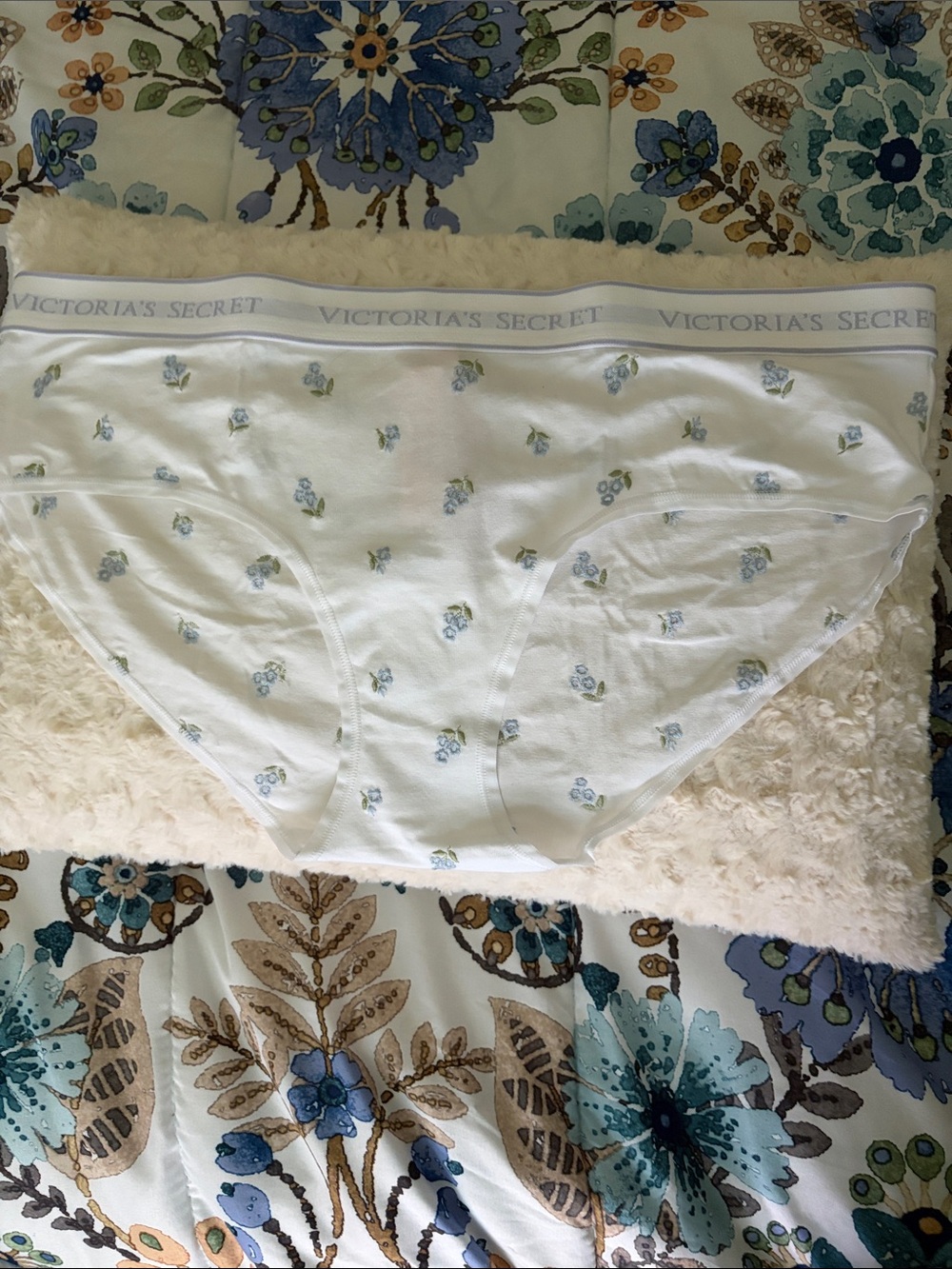 Victoria's Secret White Floral Cotton Hipster Briefs with Blue & Green embroider